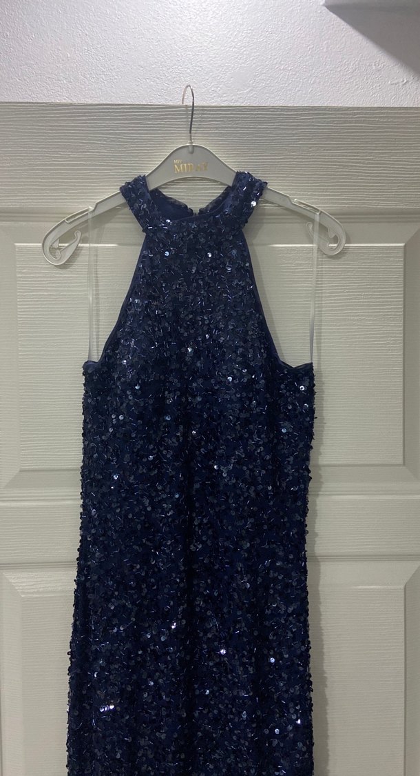 Boncuk İşlemeli Lacivert Uzun Abiye Elbise - Görsel 3