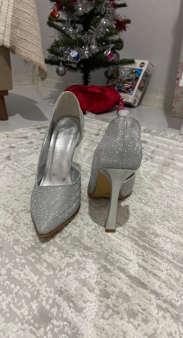 Gri Simli Stiletto Topuklu Kadın Abiye Ayakkabı - Görsel 5