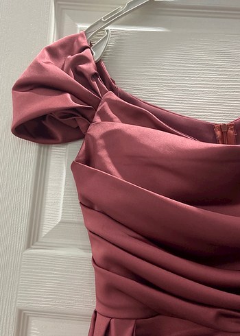 Uzun Drapeli Straplez Pembe Abiye Elbise - Görsel 4