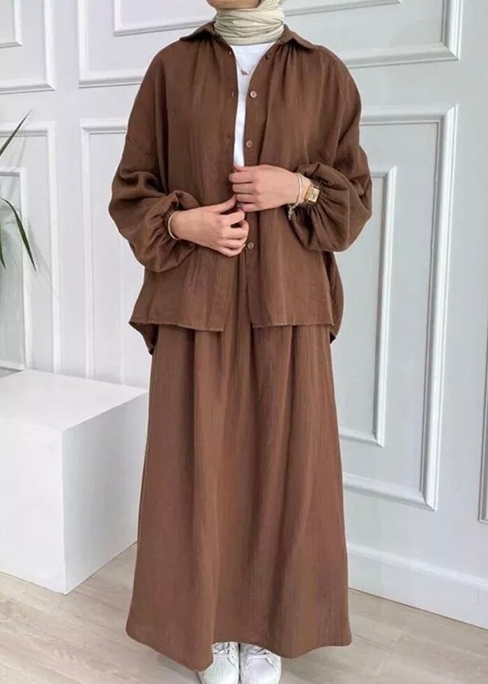 müslin kumaş ikili takım kahverengi taba - Görsel 2