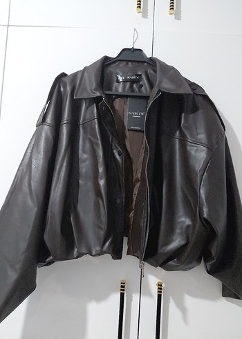 Balon Kesim Yarasa Kol Deri Ceket - Görsel 5