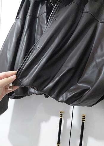 Balon Kesim Yarasa Kol Deri Ceket - Görsel 7