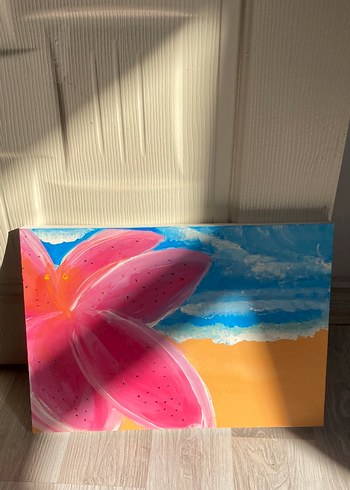 Pembe Çiçek ve Deniz Manzaralı Tablo