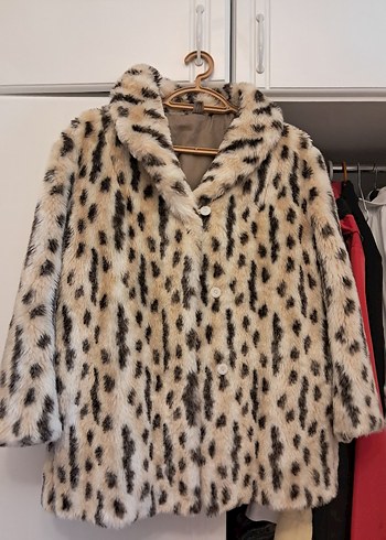 Leopar Desenli Midi Kadın Suni Kürk Ceket