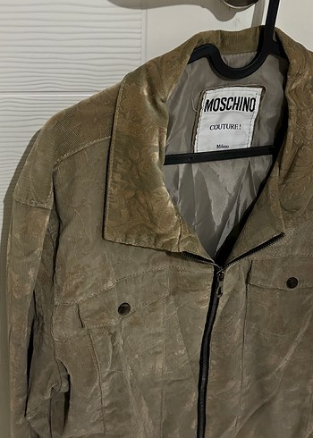 l Beden Moschino Bej Kamuflaj Desenli Erkek Keten Ceket
