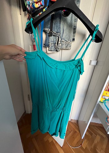 Kadın Turkuaz Kısa Askılı Tulum - Görsel 5