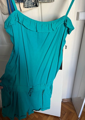 Kadın Turkuaz Kısa Askılı Tulum - Görsel 3