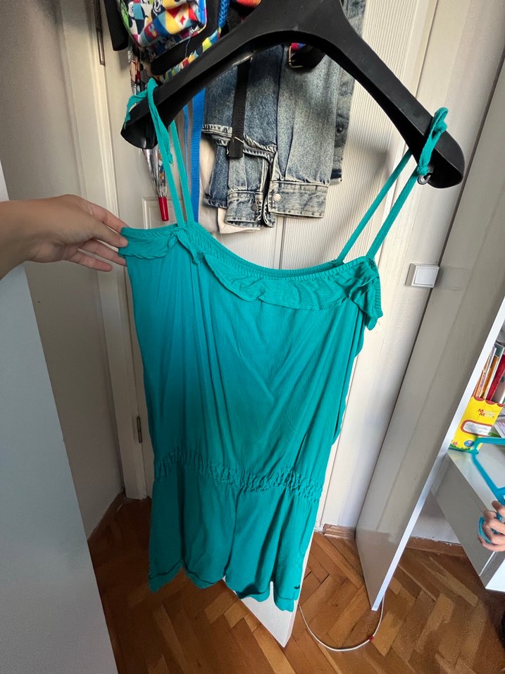 Kadın Turkuaz Kısa Askılı Tulum - Görsel 5