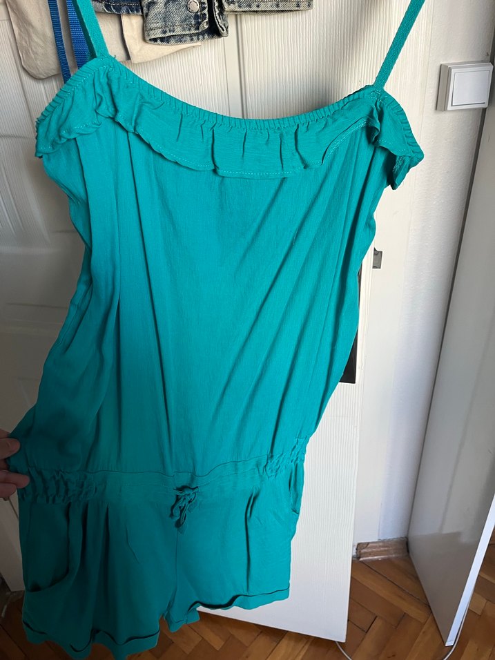 Kadın Turkuaz Kısa Askılı Tulum - Görsel 3