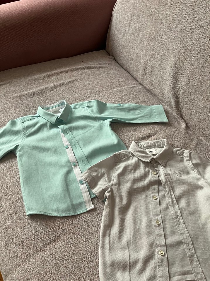Erkek Çocuk yeşil Uzun Kollu ve gri kısa kollu Pamuklu Gömlek - Görsel 4
