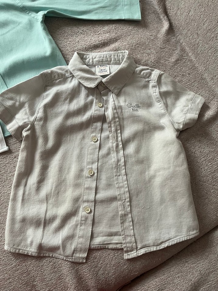 Erkek Çocuk yeşil Uzun Kollu ve gri kısa kollu Pamuklu Gömlek - Görsel 3