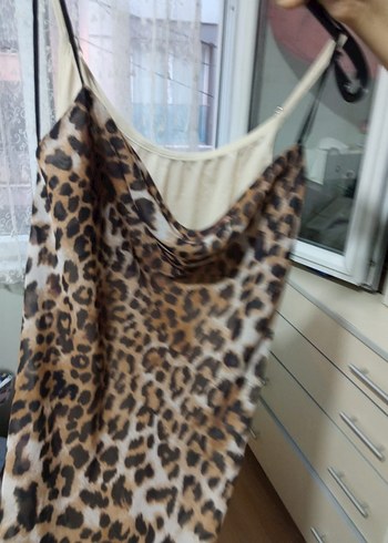 xs Beden kahverengi Renk Leopar Desenli Drapeli Mini Elbise