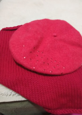 Kadın Kırmızı Örgü Bere ve boyunluk - Görsel 2