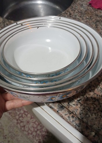 Çiçek Desenli Beyaz emaye Kase Seti - Görsel 2