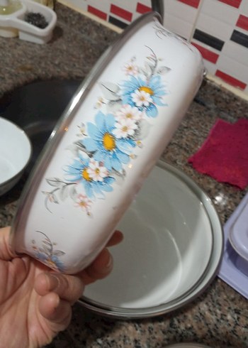 Çiçek Desenli Beyaz emaye Kase Seti - Görsel 8