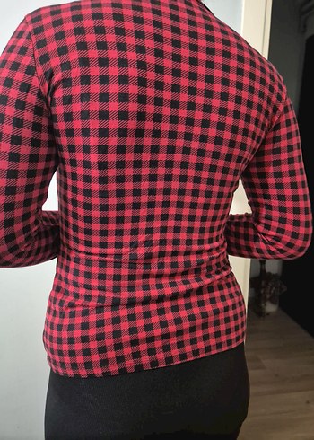 Kırmızı Kareli Uzun Kollu Boğazlı Kadın Bluz - Görsel 3