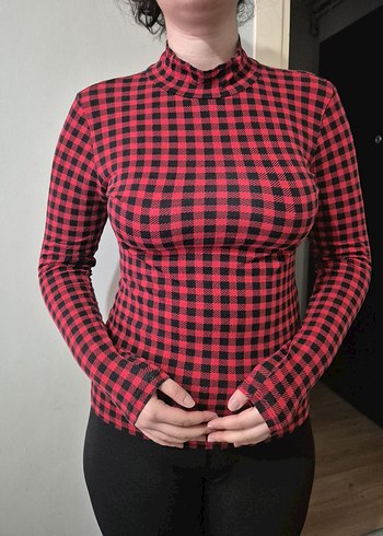 Kırmızı Kareli Uzun Kollu Boğazlı Kadın Bluz - Görsel 2