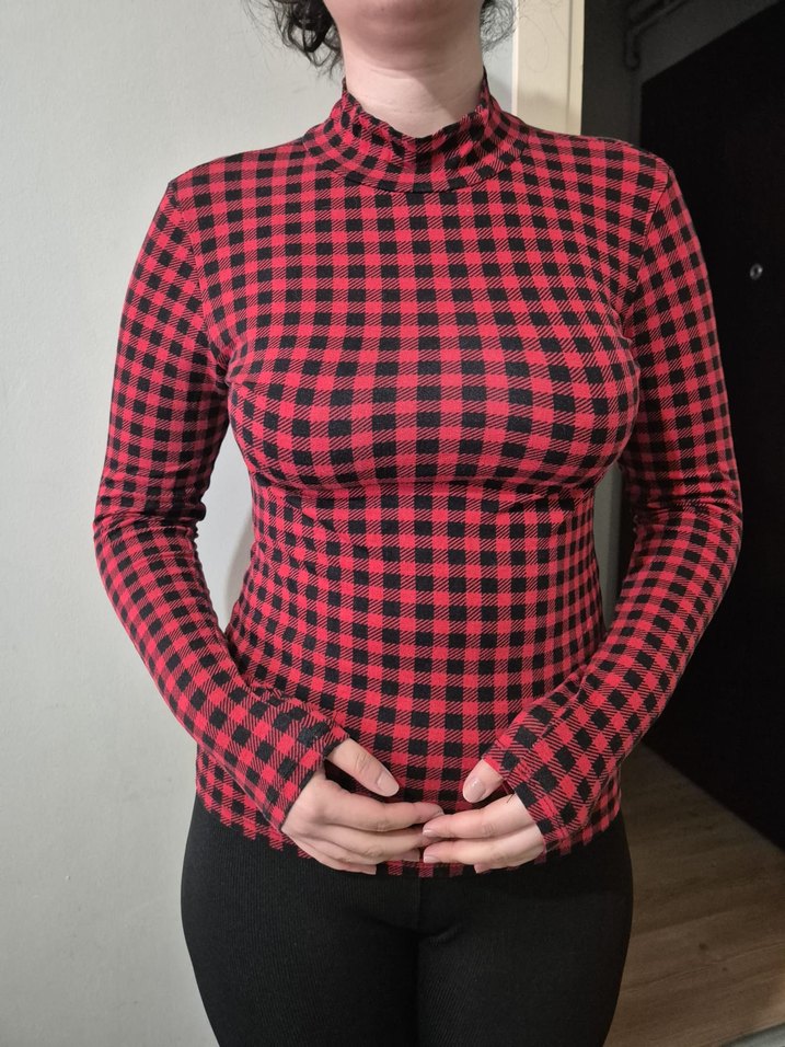 Kırmızı Kareli Uzun Kollu Boğazlı Kadın Bluz - Görsel 2