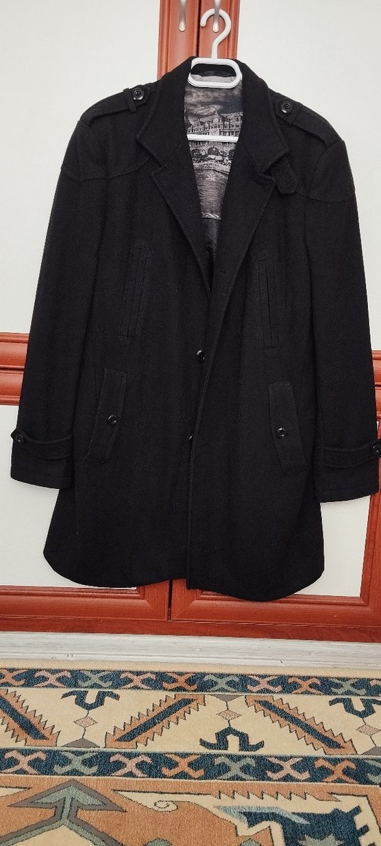 Erkek Siyah Midi Düğmeli kaşe kaban - Görsel 3