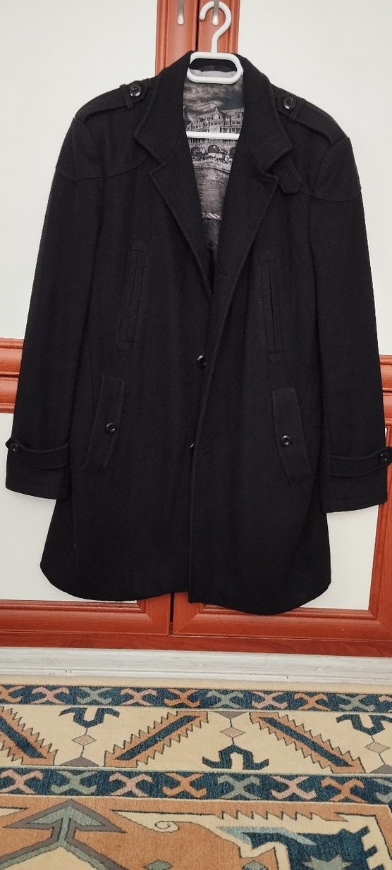 Erkek Siyah Midi Düğmeli kaşe kaban - Görsel 2