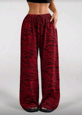 Bordo Zebra Desenli Geniş Kesim Kadın Pantolon