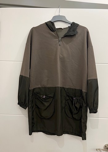 Diğer Haki Kapüşonlu Uzun Kadın Yağmurluk sweatshirt
