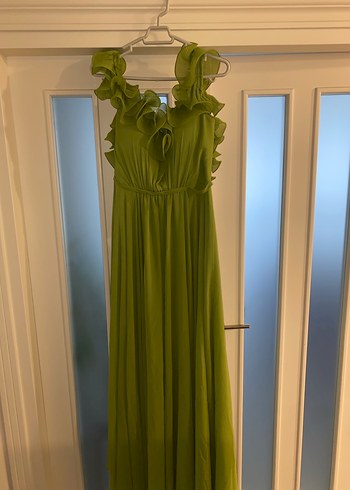 Yeşil Uzun Volanlı Straplez Elbise - Görsel 3