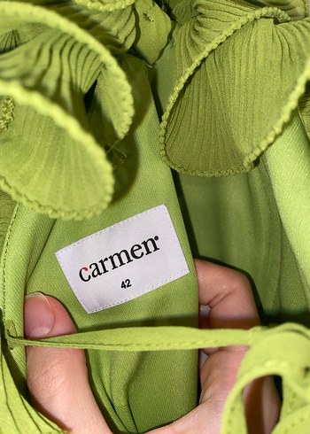 Yeşil Uzun Volanlı Straplez Elbise - Görsel 7