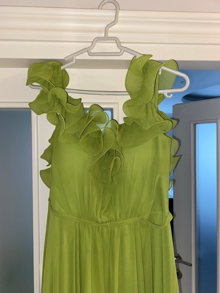 Yeşil Uzun Volanlı Straplez Elbise - Görsel 4