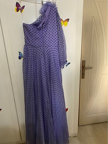 Puantiyeli Yırtmaçlı Abiye Elbise - Görsel 7