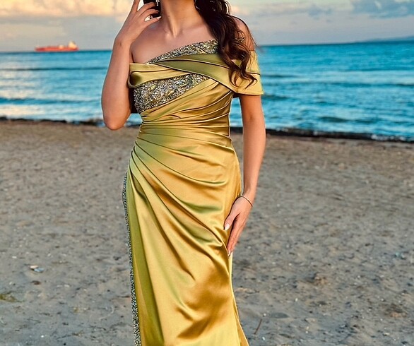 Yağ Yeşili Saten Abiye Elbise - Görsel 2