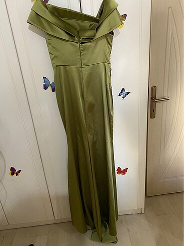 Yağ Yeşili Saten Abiye Elbise - Görsel 5