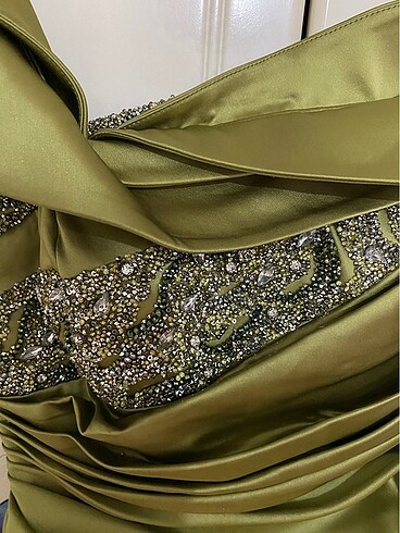 Yağ Yeşili Saten Abiye Elbise - Görsel 4