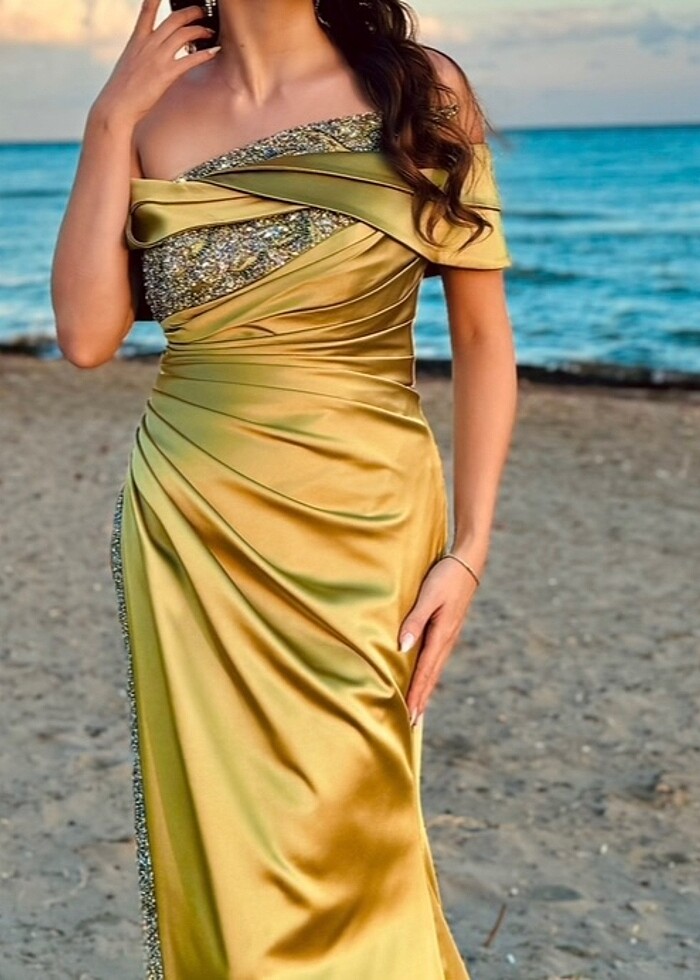 Yağ Yeşili Saten Abiye Elbise - Görsel 2