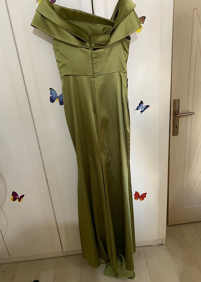 Yağ Yeşili Saten Abiye Elbise - Görsel 5