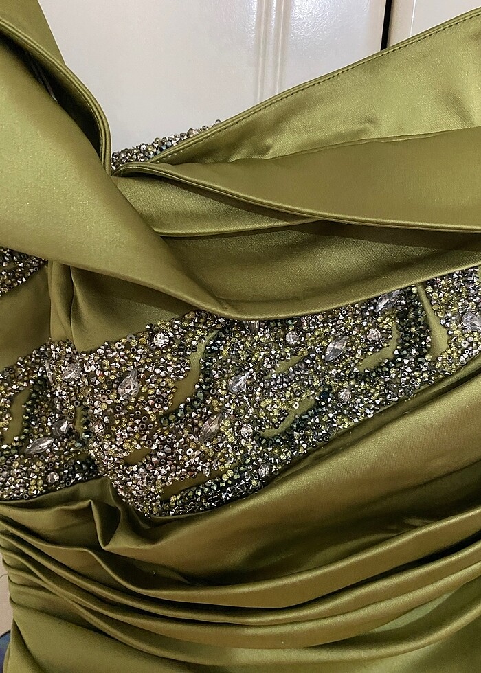 Yağ Yeşili Saten Abiye Elbise - Görsel 4