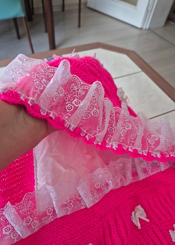 Nakışlı Pembe Örgü Bebek Battaniyesi - Görsel 7