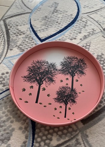 Pembe Yuvarlak Tepsi Ağaç Desenli