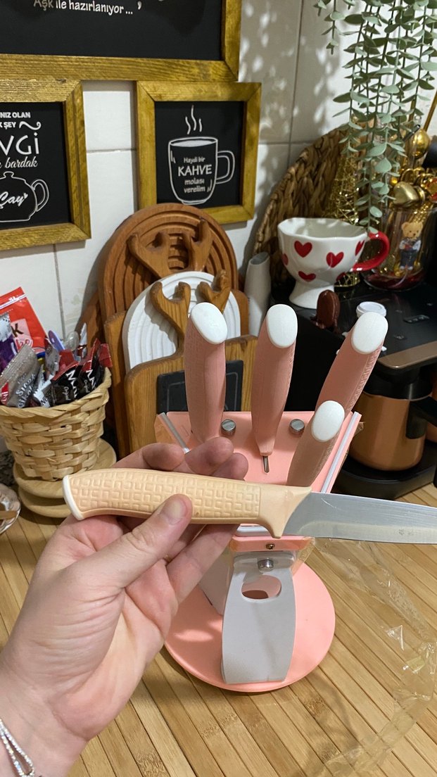 Pembe Pastel Renkli Bıçak Seti ve Standı - Görsel 2