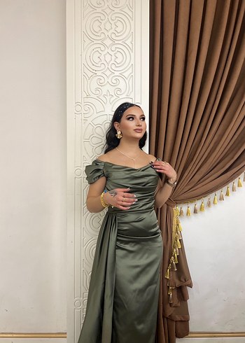 Drapeli Uzun Khaki Abiye Elbise - Görsel 2