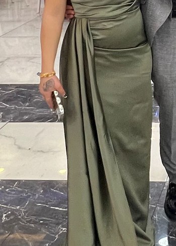 Drapeli Uzun Khaki Abiye Elbise - Görsel 3