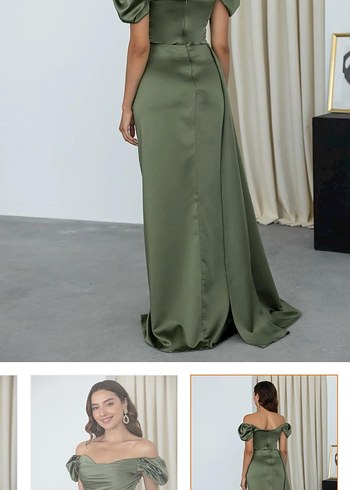 Drapeli Uzun Khaki Abiye Elbise - Görsel 4