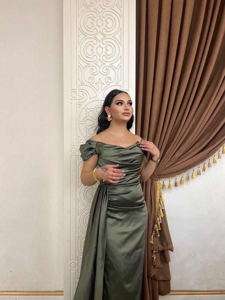 Drapeli Uzun Khaki Abiye Elbise - Görsel 2