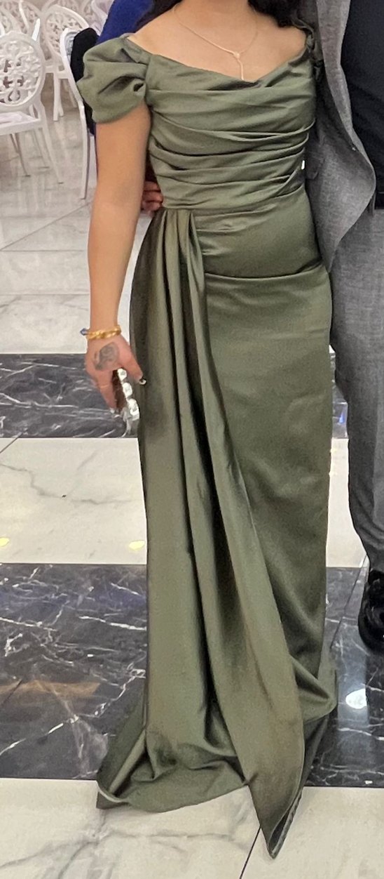 Drapeli Uzun Khaki Abiye Elbise - Görsel 3