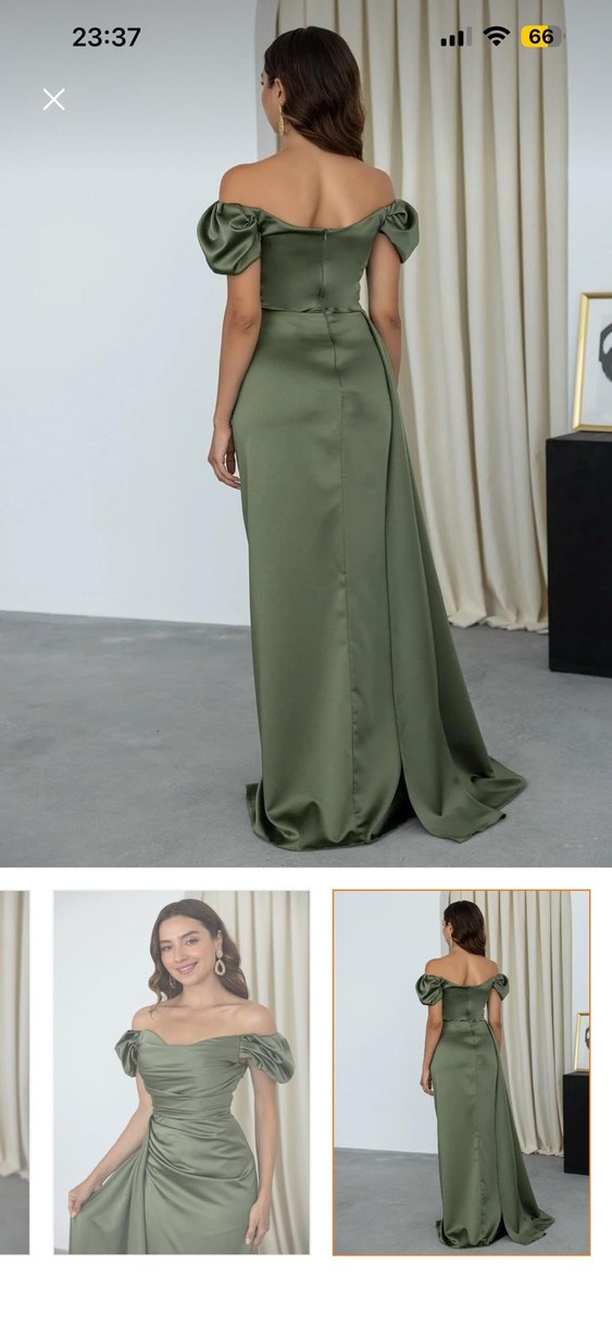 Drapeli Uzun Khaki Abiye Elbise - Görsel 4