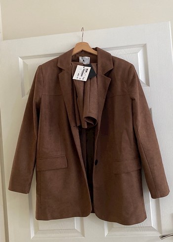 Kahverengi Süet Düğmeli Ceket Etek Takım Kadın Blazer Etek Takım