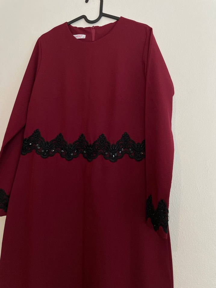 Bordo Nakışlı Uzun Kollu Kadın Elbise - Görsel 2