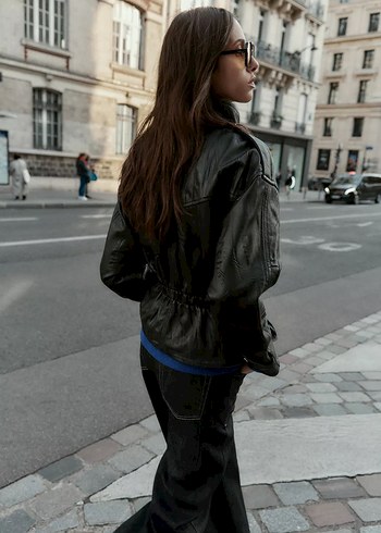 Kadın Siyah Deri Kemerli Ceket - Görsel 2