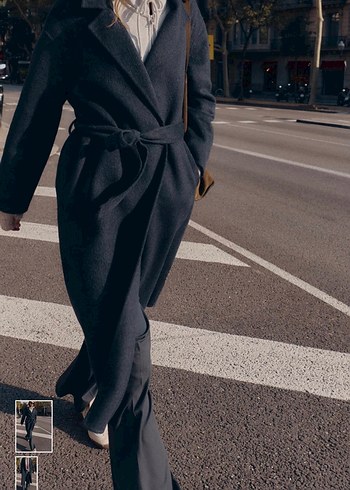 Kuşaklı koyu gri Uzun Kaban - Görsel 2