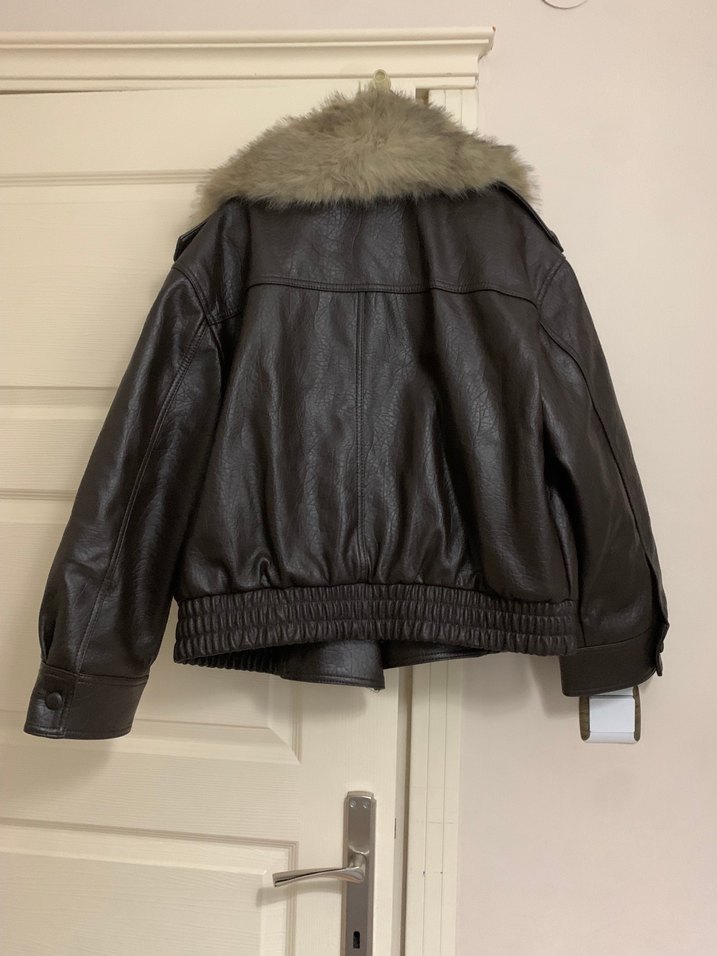 Kürk Detaylı Kahverengi Deri Kadın Ceket - Görsel 2